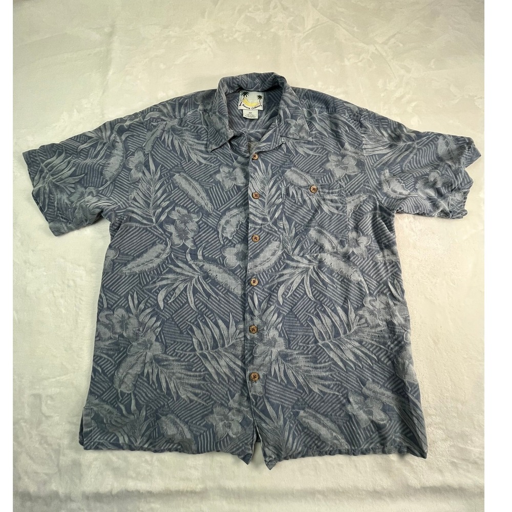 Banana Cabana Mens Large 100% Silk Button Down Hawaiian Camp Shirt Floral‎ Blue